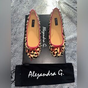 Authentic Alejandra G Leopard-Print Studded Ballet Flats in Beige & Red